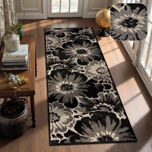 سجادة Findosom Hallway Runner مقاس 2x8، سجادة عداء غير قابلة للانزلاق عالية ومنخفضة وقابلة للغسل مع دعم مطاطي، سجادة Boho للمطبخ، المدخل، غرفة النوم، الغسيل، أسود وبيج in Saudi Arabia