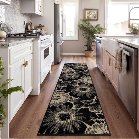 سجادة Findosom Hallway Runner مقاس 2x8، سجادة عداء غير قابلة للانزلاق عالية ومنخفضة وقابلة للغسل مع دعم مطاطي، سجادة Boho للمطبخ، المدخل، غرفة النوم، الغسيل، أسود وبيج in Saudi Arabia