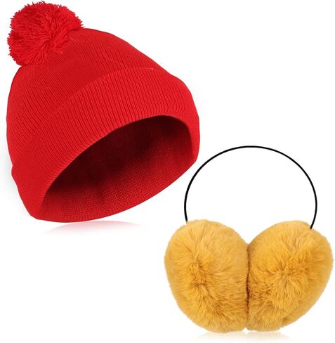 2 Pcs Adult Knit Beanie Unisex Ear Muffs Set, Winter Christmas Red Warm Knit Hat and Yellow Ear Warmers Faux Fur Ear Covers Headband for Party Outdoor Skiing Skating Christmas Gifts in Kuwait
