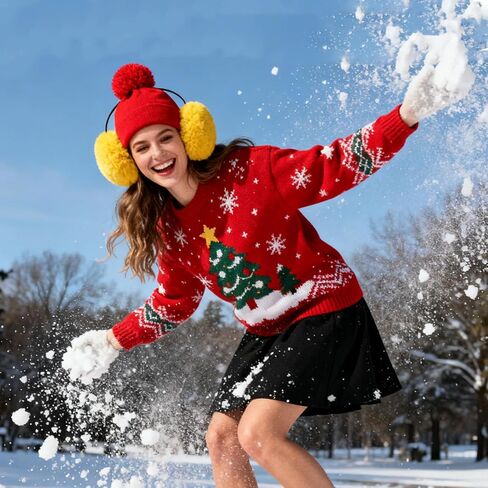 2 Pcs Adult Knit Beanie Unisex Ear Muffs Set, Winter Christmas Red Warm Knit Hat and Yellow Ear Warmers Faux Fur Ear Covers Headband for Party Outdoor Skiing Skating Christmas Gifts in Kuwait