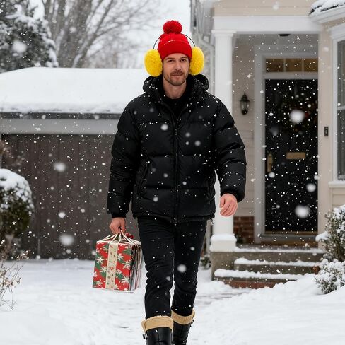 2 Pcs Adult Knit Beanie Unisex Ear Muffs Set, Winter Christmas Red Warm Knit Hat and Yellow Ear Warmers Faux Fur Ear Covers Headband for Party Outdoor Skiing Skating Christmas Gifts in Kuwait