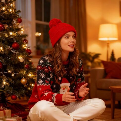 2 Pcs Adult Knit Beanie Unisex Ear Muffs Set, Winter Christmas Red Warm Knit Hat and Yellow Ear Warmers Faux Fur Ear Covers Headband for Party Outdoor Skiing Skating Christmas Gifts in Kuwait