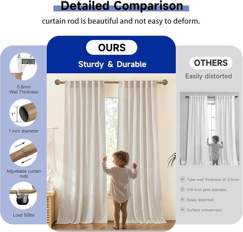 قضبان ستائر خشبية للنوافذ: قضيب ستارة قابل للتعديل بقطر 1 بوصة من 48 بوصة إلى 84 بوصة، التفاف معتم بنمط حبيبات خشبية حول قضيب النافذة للداخل والخارج، جميع المعادن in Kuwait