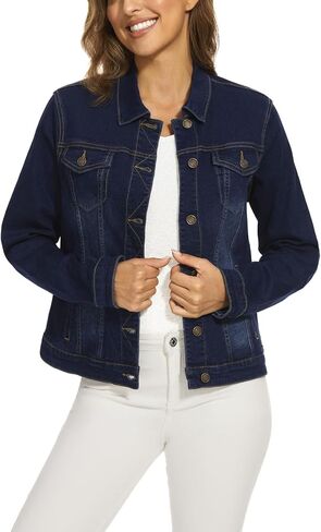 Anienaya Women's Stretchy Denim Jacket Long Sleeve Basic Trendy Button Up Trucker Jean Jackets in Saudi Arabia