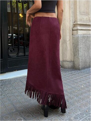 تنورة SOLY HUX النسائية ذات الحواف المصنوعة من الجلد السويدي تنورة طويلة غير متماثلة للحفلات الكلاسيكية الغربية in Kuwait