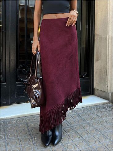 تنورة SOLY HUX النسائية ذات الحواف المصنوعة من الجلد السويدي تنورة طويلة غير متماثلة للحفلات الكلاسيكية الغربية in Kuwait