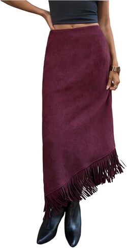 تنورة SOLY HUX النسائية ذات الحواف المصنوعة من الجلد السويدي تنورة طويلة غير متماثلة للحفلات الكلاسيكية الغربية in Kuwait