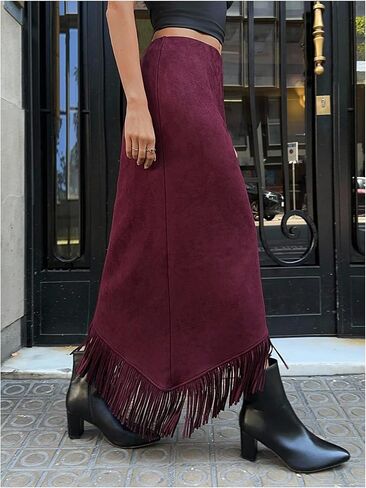 تنورة SOLY HUX النسائية ذات الحواف المصنوعة من الجلد السويدي تنورة طويلة غير متماثلة للحفلات الكلاسيكية الغربية in Kuwait