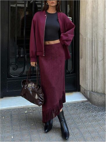 تنورة SOLY HUX النسائية ذات الحواف المصنوعة من الجلد السويدي تنورة طويلة غير متماثلة للحفلات الكلاسيكية الغربية in Kuwait