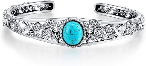 Genuine Turquoise Vintage Flower Bracelet Bangle, Sterling Silver Boho Adjustable Bangle Cuff Native American Jewelry for Women, Fit for 6.5 7 7.5 Inches in Saudi Arabia