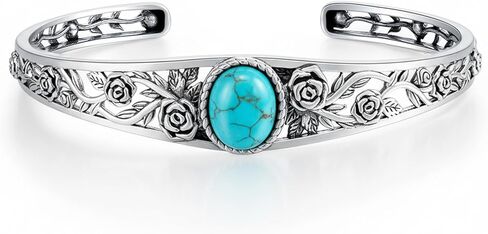 Genuine Turquoise Vintage Flower Bracelet Bangle, Sterling Silver Boho Adjustable Bangle Cuff Native American Jewelry for Women, Fit for 6.5 7 7.5 Inches in Saudi Arabia
