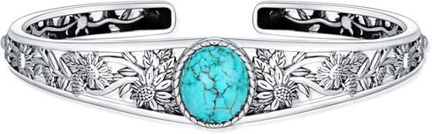 Genuine Turquoise Vintage Flower Bracelet Bangle, Sterling Silver Boho Adjustable Bangle Cuff Native American Jewelry for Women, Fit for 6.5 7 7.5 Inches in Saudi Arabia