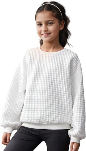Girl Crewneck Sweatshirt Solid White Long Sleeve Pullover Tops Casual Shirts Fall Winter Clothes for 8-12 Y in Kuwait