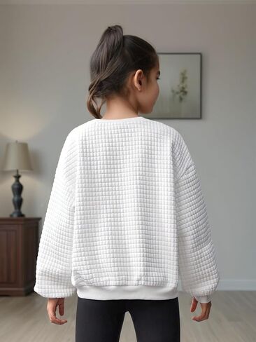 Girl Crewneck Sweatshirt Solid White Long Sleeve Pullover Tops Casual Shirts Fall Winter Clothes for 8-12 Y in Kuwait