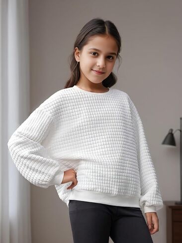 Girl Crewneck Sweatshirt Solid White Long Sleeve Pullover Tops Casual Shirts Fall Winter Clothes for 8-12 Y in Kuwait