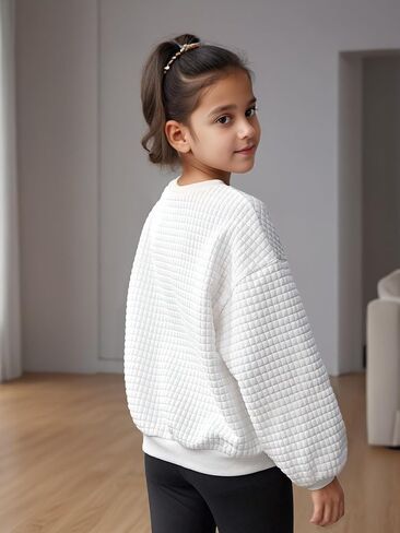 Girl Crewneck Sweatshirt Solid White Long Sleeve Pullover Tops Casual Shirts Fall Winter Clothes for 8-12 Y in Kuwait