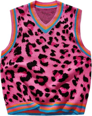Men's Striped Cheetah Print Sweater Vest Pullover V Neck Knit Tank Tops Streetwear Fall Outfits in Saudi Arabia