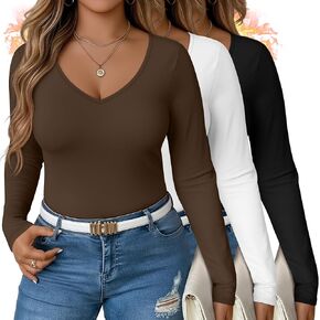 3 Pack Women's Plus Size Long Sleeve Thermal Shirts, V Neck Slim Fitted Fleece Underwear Basic Tees in Saudi Arabia