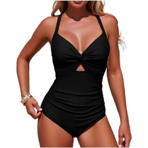 Womens One Piece Swimsuits Deep V Neck Front Cutout Swimsuit Beach Waist Ruched Swimwear for Summer in Saudi Arabia