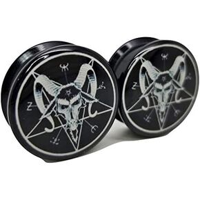 Pierced Republic Black & White Baphomet Ear Plugs - Acrylic Screw-On - 10 Sizes - *Pair* (0 Gauge (8mm)) in Saudi Arabia