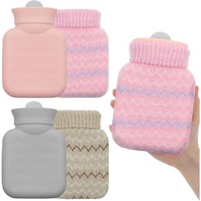 قطعتان من زجاجات المياه الساخنة الصغيرة للضغط الساخن والبارد مع غطاء 320 مل من السيليكون لتسخين الميكروويف وحقيبة مياه صغيرة كهدية للسفر والعطلات، رمادي، وردي in Kuwait