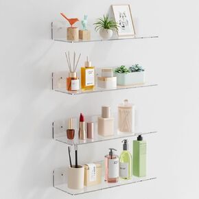 HANGE 4-Pack Clear Acrylic Floating Shelves, 12" Invisible Wall Mounted Shelves – Space-Saving Storage for Kids’ Books, Bathroom, Bedroom, Kitchen, Living Room – Modern Display Organizer in Saudi Arabia