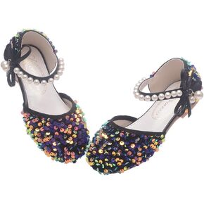 حذاء باليه مسطح للفتيات الصغيرات متألق ومتألق بحزام من اللؤلؤ حذاء رقص للأميرة للأطفال الصغار حذاء للحفلات مزين بالترتر حذاء ماري جين in Kuwait