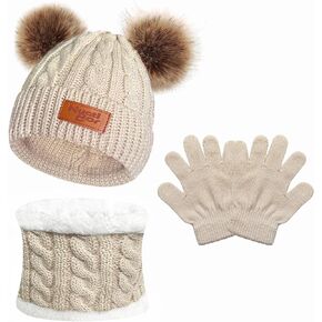 Toddler Kids Winter Hat Gloves Scarf Set, Warm Knit Boys Girls Hats Pompoms Beanie Caps Neck Warmer with Fleece Lined Gifts in Saudi Arabia