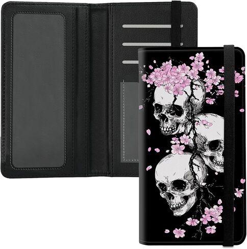Leather Checkbook Cover for Men & Women - RFID Blocking Checkbook Holder Wallet with Pen Slot,Clear Divider - Slim Durable Design for Checks & Duplicate Stubs,Skull Cherry Blossoms in Saudi Arabia