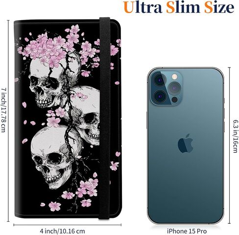Leather Checkbook Cover for Men & Women - RFID Blocking Checkbook Holder Wallet with Pen Slot,Clear Divider - Slim Durable Design for Checks & Duplicate Stubs,Skull Cherry Blossoms in Saudi Arabia