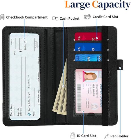 Leather Checkbook Cover for Men & Women - RFID Blocking Checkbook Holder Wallet with Pen Slot,Clear Divider - Slim Durable Design for Checks & Duplicate Stubs,Skull Cherry Blossoms in Saudi Arabia