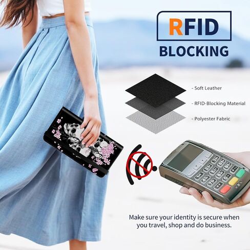 Leather Checkbook Cover for Men & Women - RFID Blocking Checkbook Holder Wallet with Pen Slot,Clear Divider - Slim Durable Design for Checks & Duplicate Stubs,Skull Cherry Blossoms in Saudi Arabia