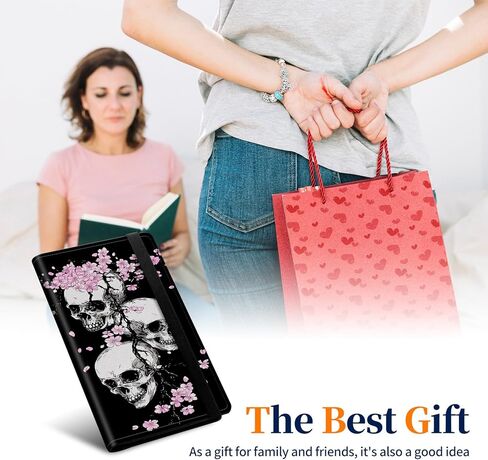 Leather Checkbook Cover for Men & Women - RFID Blocking Checkbook Holder Wallet with Pen Slot,Clear Divider - Slim Durable Design for Checks & Duplicate Stubs,Skull Cherry Blossoms in Saudi Arabia