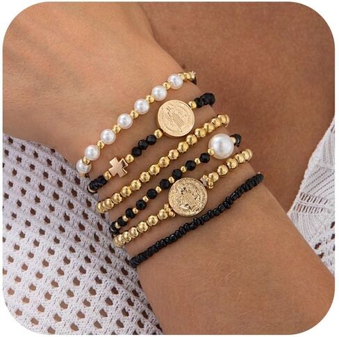 HUASAI 14K Gold Beaded Bracelets for Women Trendy Non Tarnish Gold Bracelet Stack Jewelry Sets Paperclip Cross Pearl Bracelets Set Stackable Jewelry for Birthday Christmas Gifts 2024 in Kuwait