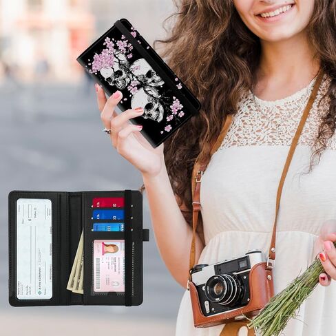 Leather Checkbook Cover for Men & Women - RFID Blocking Checkbook Holder Wallet with Pen Slot,Clear Divider - Slim Durable Design for Checks & Duplicate Stubs,Skull Cherry Blossoms in Saudi Arabia