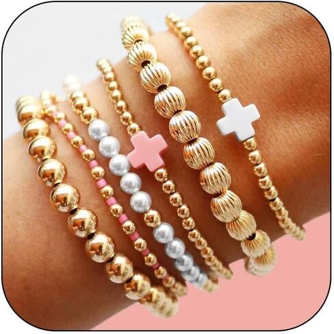 HUASAI 14K Gold Beaded Bracelets for Women Trendy Non Tarnish Gold Bracelet Stack Jewelry Sets Paperclip Cross Pearl Bracelets Set Stackable Jewelry for Birthday Christmas Gifts 2024 in Kuwait