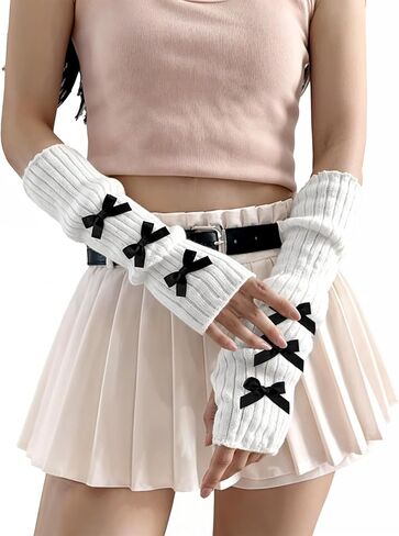 Larrel Arm Warmers Y2k, Cute Soft Arms Warmer for Girls Comfortable White Arm Warmers with Black Bow Lightweight Washable Y2k Accessories Lolita Clothes for Teen Girl Women Cosplay in Saudi Arabia