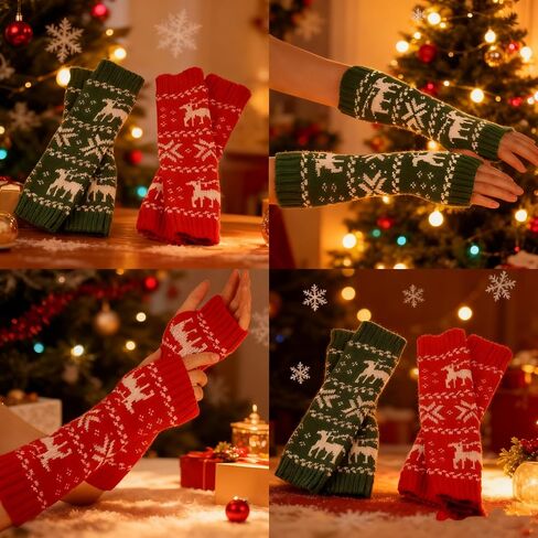 2 Pairs Christmas Women's Fingerless Gloves Stretch Knit Arm Sleeves for Women Thumb Hole Stretchy Gloves in Saudi Arabia