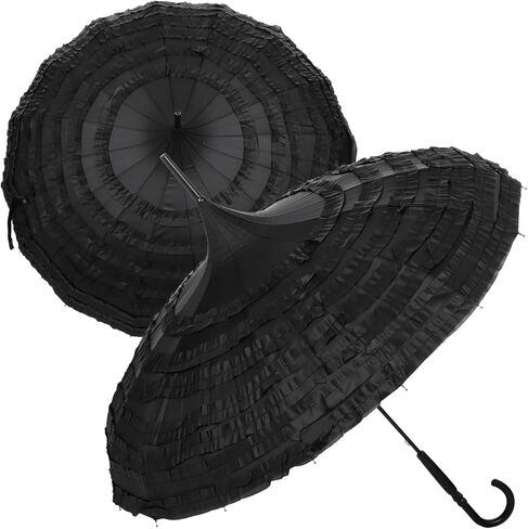 Black Pagoda Parasol Umbrella, Elegant Lace Gothic Umbrella, Victorian-Style Sunproof Parasol for Sun & Rain, Wedding Photoshoot Cosplay Party Decor, Steel Frame, Comfortable Curved Handle in Kuwait