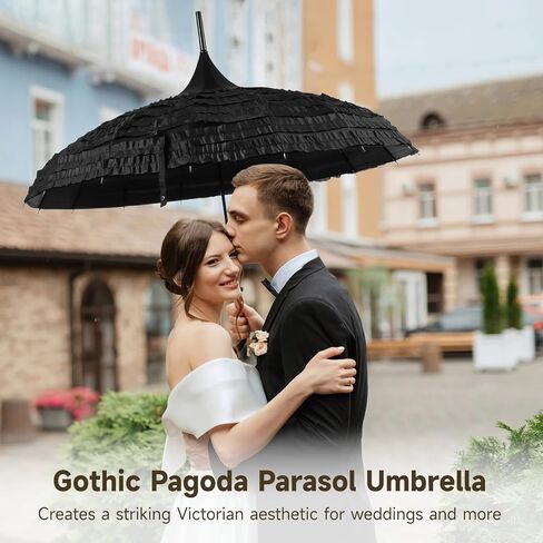 Black Pagoda Parasol Umbrella, Elegant Lace Gothic Umbrella, Victorian-Style Sunproof Parasol for Sun & Rain, Wedding Photoshoot Cosplay Party Decor, Steel Frame, Comfortable Curved Handle in Kuwait