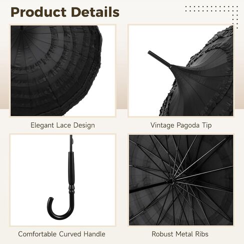 Black Pagoda Parasol Umbrella, Elegant Lace Gothic Umbrella, Victorian-Style Sunproof Parasol for Sun & Rain, Wedding Photoshoot Cosplay Party Decor, Steel Frame, Comfortable Curved Handle in Kuwait