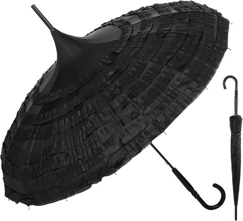 Black Pagoda Parasol Umbrella, Elegant Lace Gothic Umbrella, Victorian-Style Sunproof Parasol for Sun & Rain, Wedding Photoshoot Cosplay Party Decor, Steel Frame, Comfortable Curved Handle in Kuwait