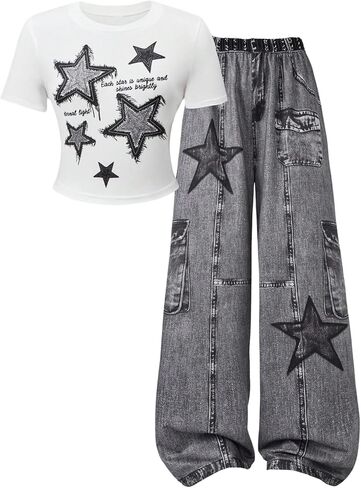 SOLY HUX Girl's Y2k Clothes Star Graphic Crop Top and Baggy Pants Grunge 2 Piece Outfit Streetwear in Saudi Arabia