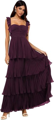 Women's Chiffon Bridesmaid Dresses Short Ruffle Sleeves Long Sweetheart Prom Gown Formal Evening Dress S35 in Saudi Arabia