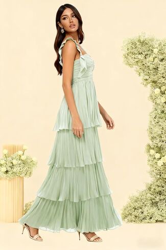 Women's Chiffon Bridesmaid Dresses Short Ruffle Sleeves Long Sweetheart Prom Gown Formal Evening Dress S35 in Saudi Arabia