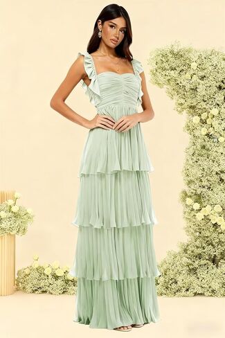 Women's Chiffon Bridesmaid Dresses Short Ruffle Sleeves Long Sweetheart Prom Gown Formal Evening Dress S35 in Saudi Arabia