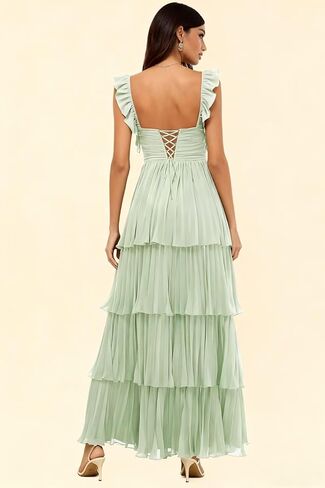 Women's Chiffon Bridesmaid Dresses Short Ruffle Sleeves Long Sweetheart Prom Gown Formal Evening Dress S35 in Saudi Arabia