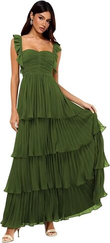 Women's Chiffon Bridesmaid Dresses Short Ruffle Sleeves Long Sweetheart Prom Gown Formal Evening Dress S35 in Saudi Arabia