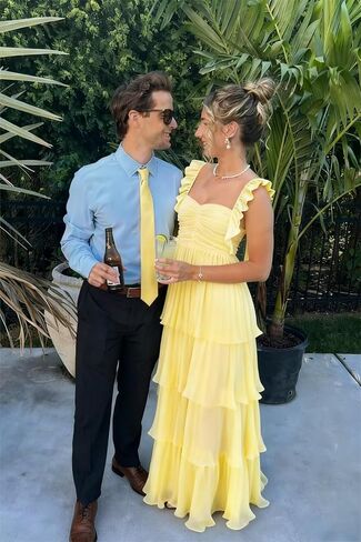 Women's Chiffon Bridesmaid Dresses Short Ruffle Sleeves Long Sweetheart Prom Gown Formal Evening Dress S35 in Saudi Arabia
