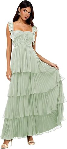 Women's Chiffon Bridesmaid Dresses Short Ruffle Sleeves Long Sweetheart Prom Gown Formal Evening Dress S35 in Saudi Arabia
